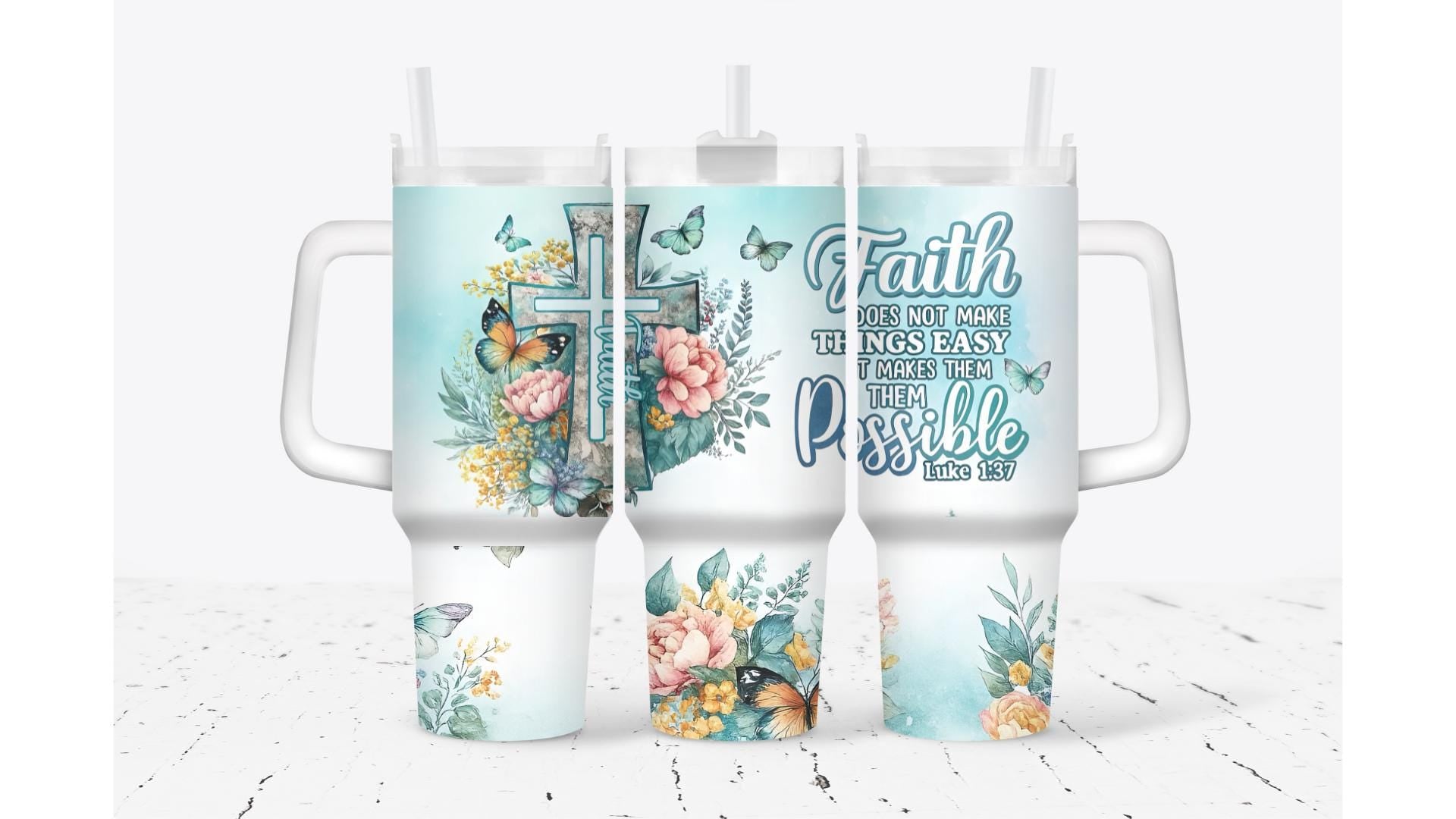 Faith Tumbler | Cross, Butterfly, Floral Design
