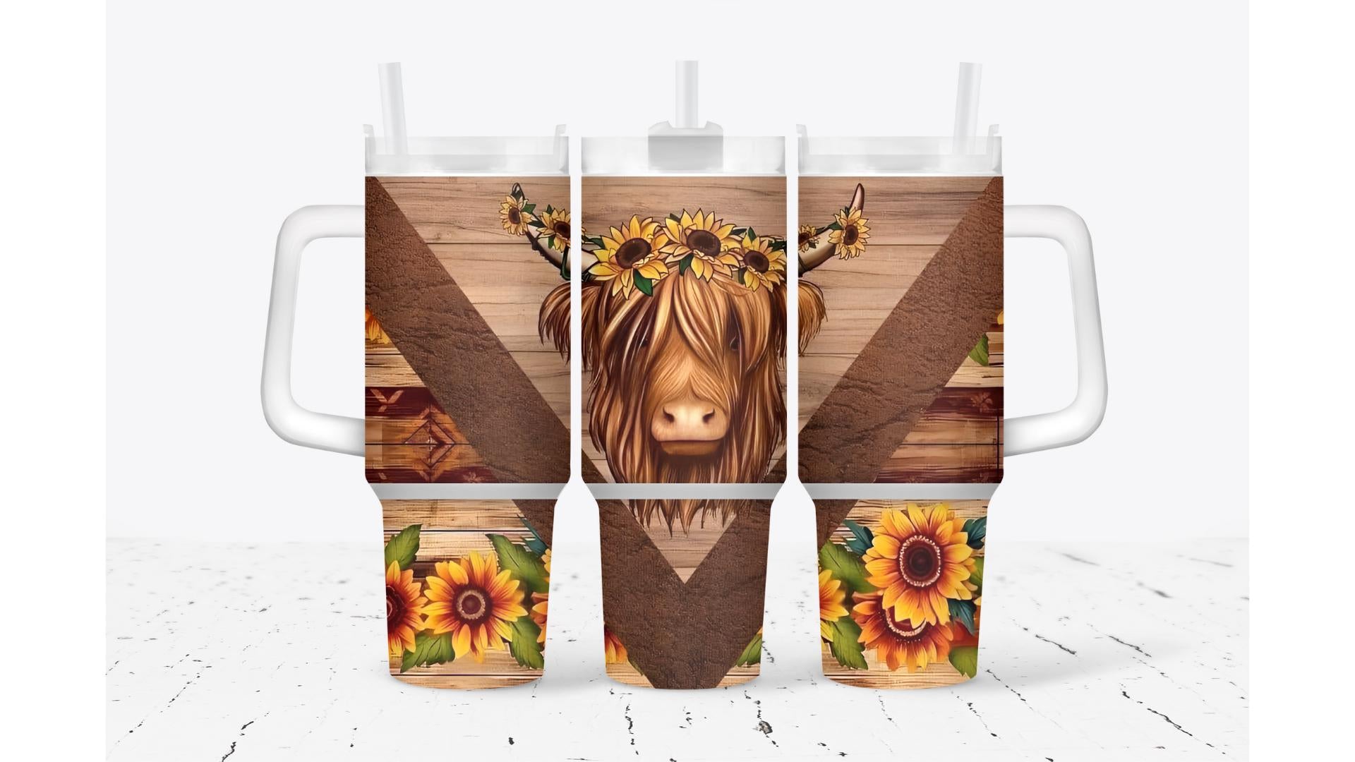 Highland Cow V-Split with Sunflowers Tumbler