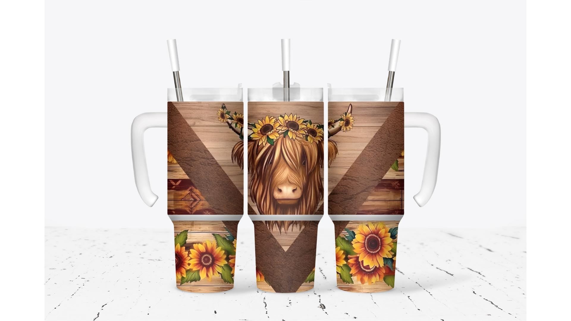 Highland Cow V-Split with Sunflowers Tumbler