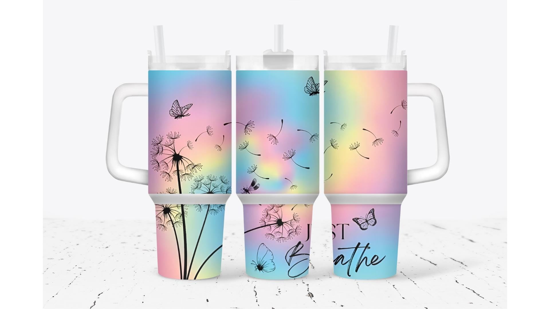 Just Breathe Tumbler | Dandelion & Butterfly, Handmade Sublimation