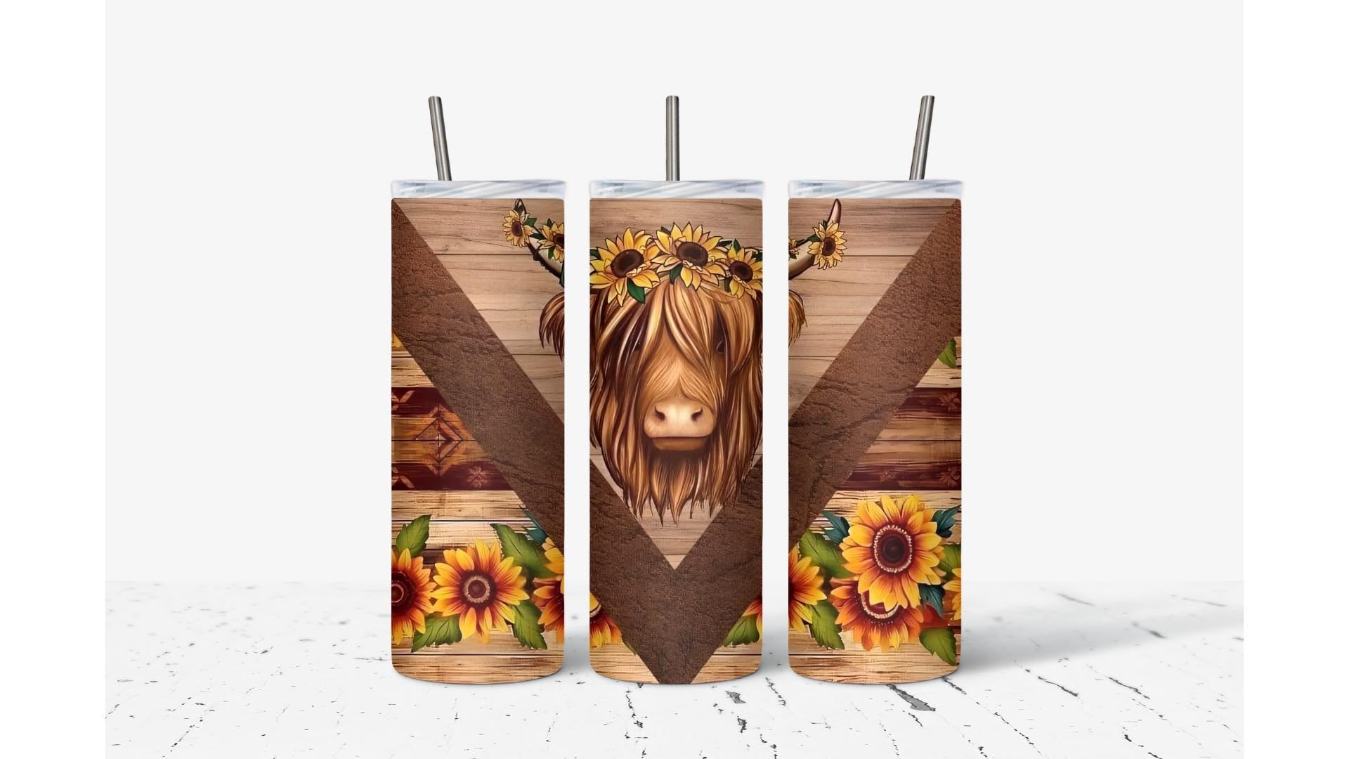 Highland Cow V-Split with Sunflowers Tumbler