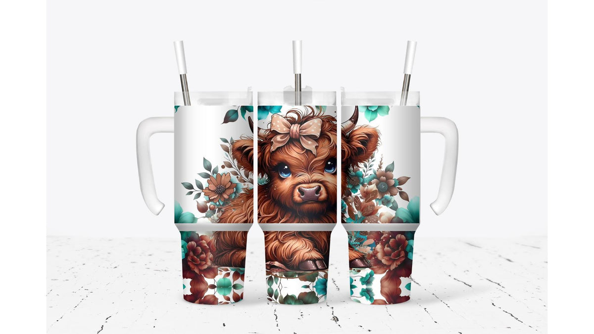 Baby Highland Cow with Bow and Flowers Tumbler