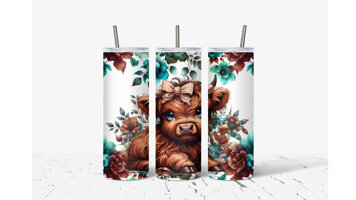Baby Highland Cow with Bow and Flowers Tumbler