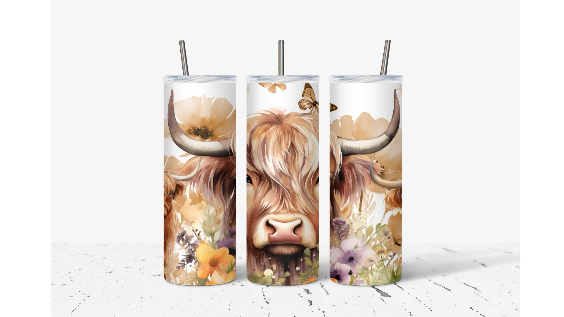 Highland Cow and Butterflies Tumbler