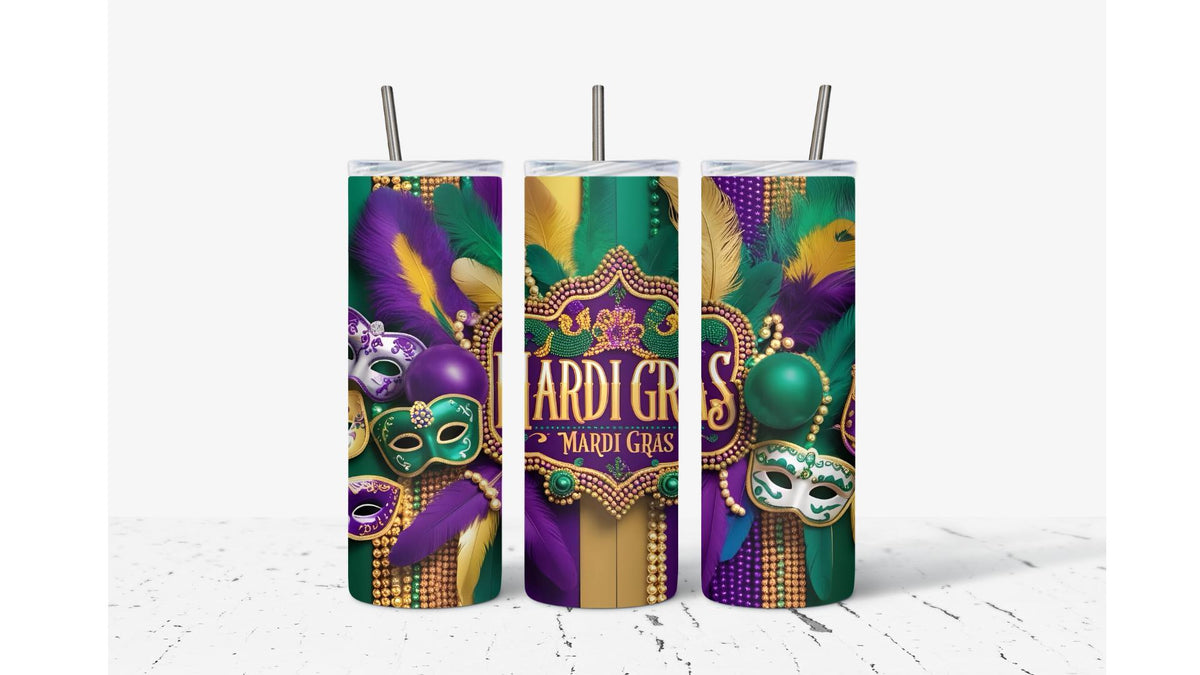 Mardi Gras Bead And Feathers Tumbler
