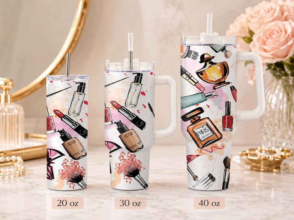Makeup & Perfume Tumbler, Fashion Beauty Cup, Personalized Cosmetic Lover Gift, 20 oz Skinny, 30 oz Handle, 40 oz Travel Mug