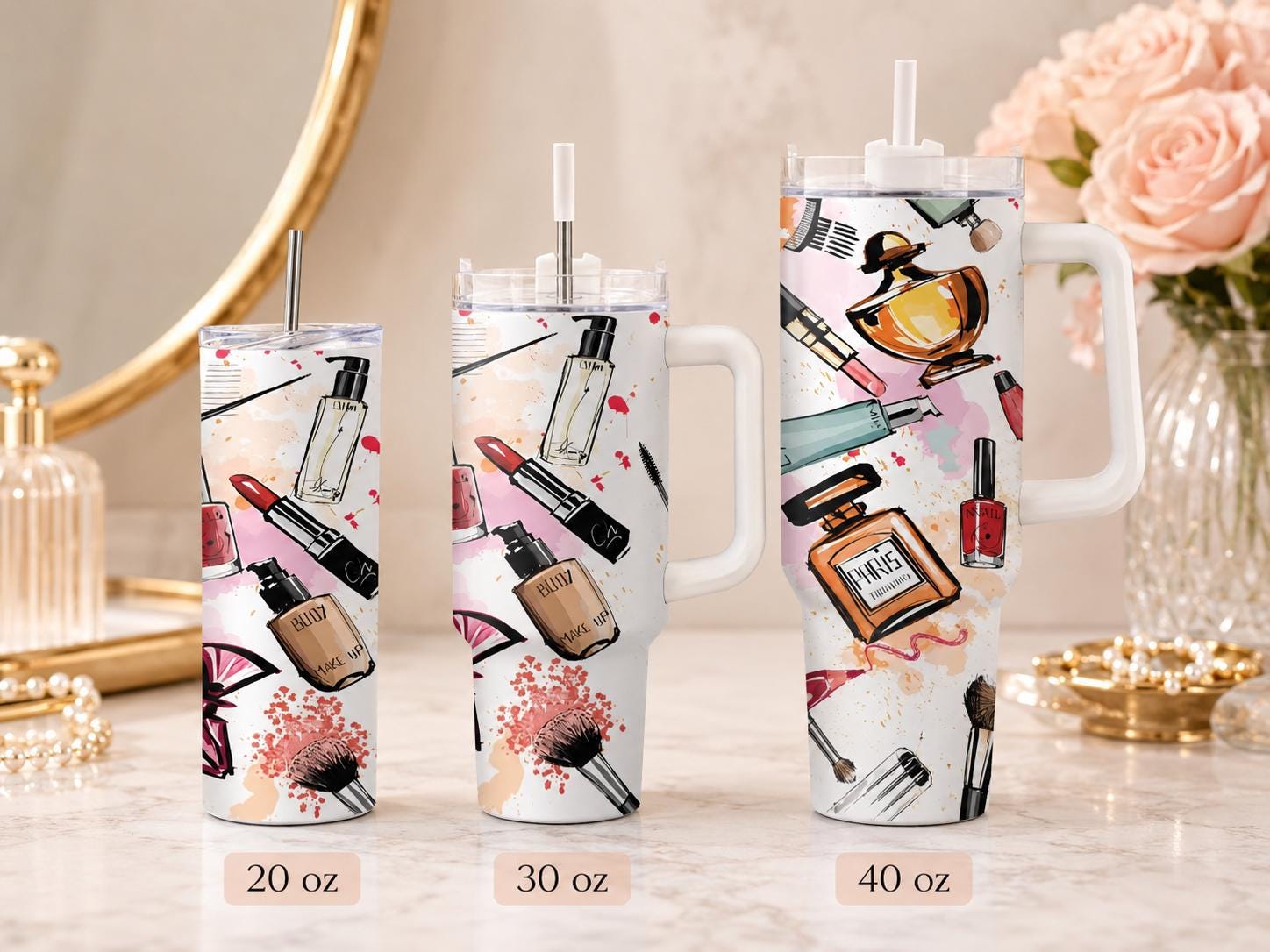 Makeup & Perfume Tumbler, Fashion Beauty Cup, Personalized Cosmetic Lover Gift, 20 oz Skinny, 30 oz Handle, 40 oz Travel Mug
