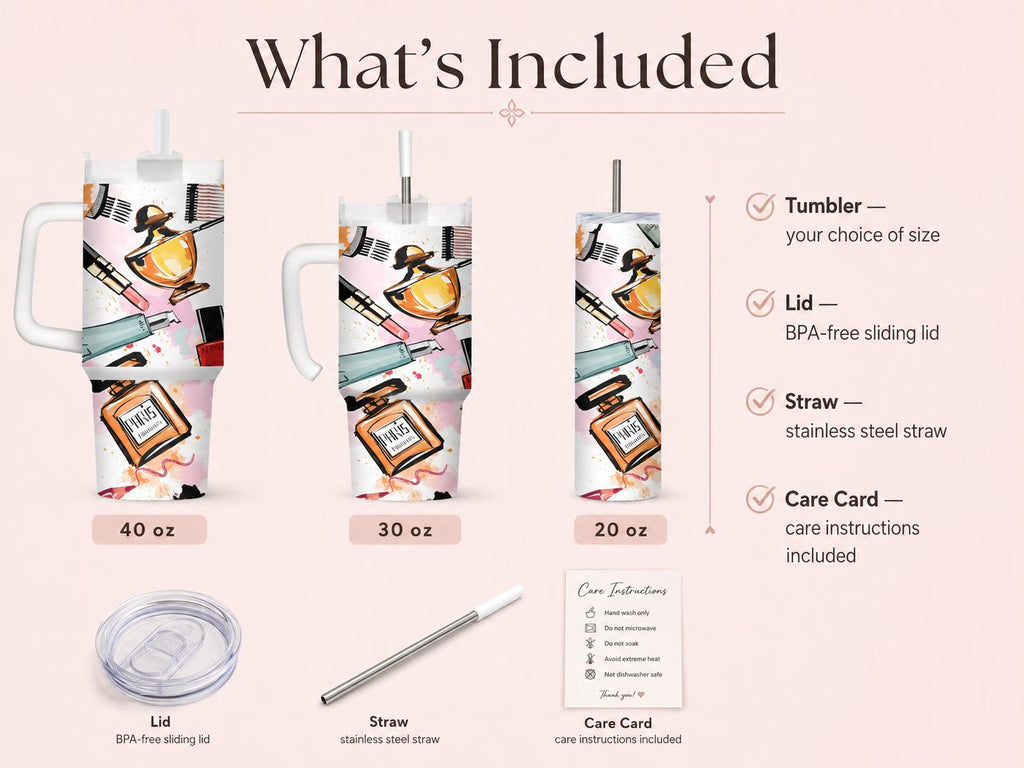 Makeup & Perfume Tumbler, Fashion Beauty Cup, Personalized Cosmetic Lover Gift, 20 oz Skinny, 30 oz Handle, 40 oz Travel Mug