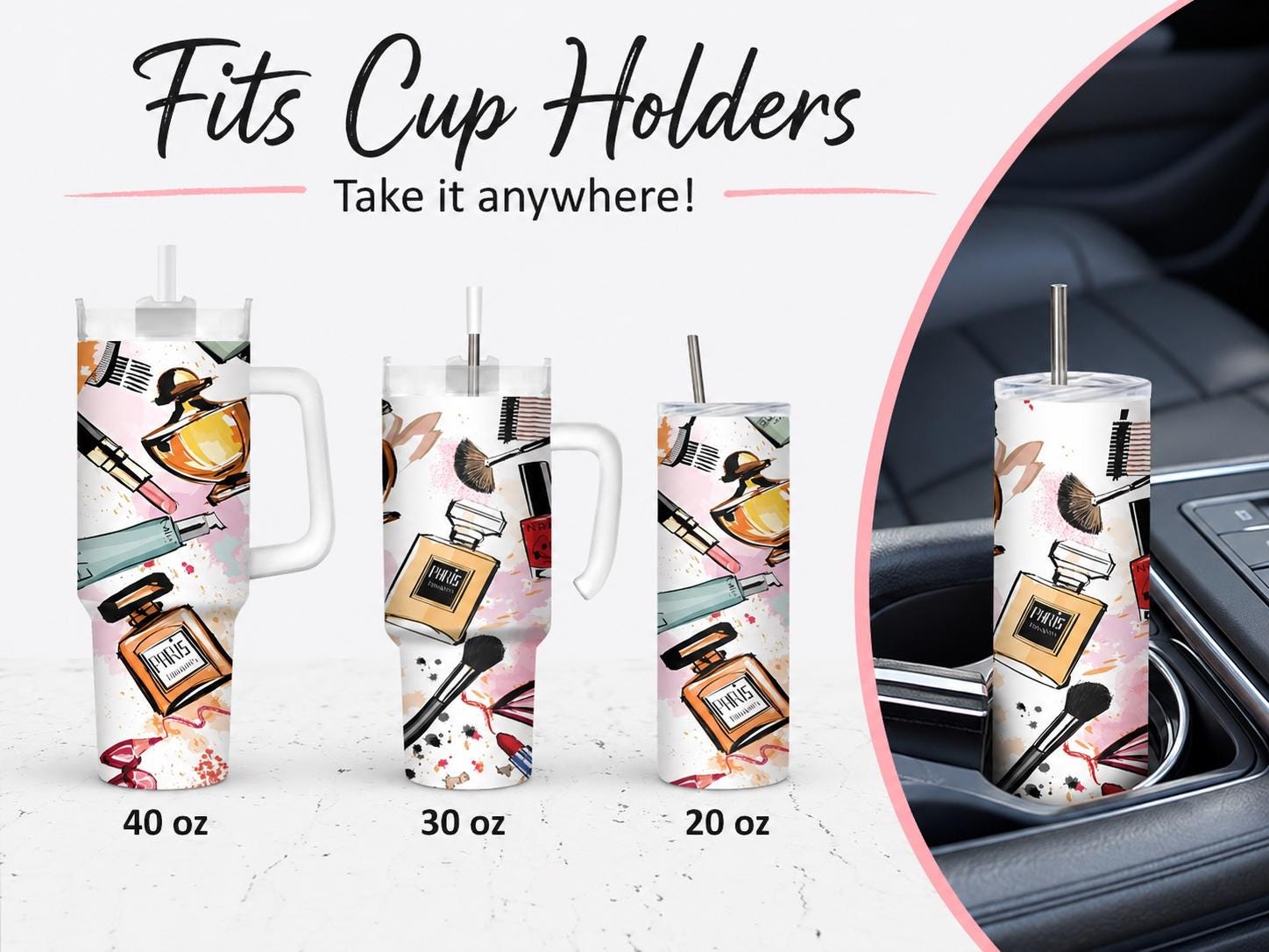 Makeup & Perfume Tumbler, Fashion Beauty Cup, Personalized Cosmetic Lover Gift, 20 oz Skinny, 30 oz Handle, 40 oz Travel Mug