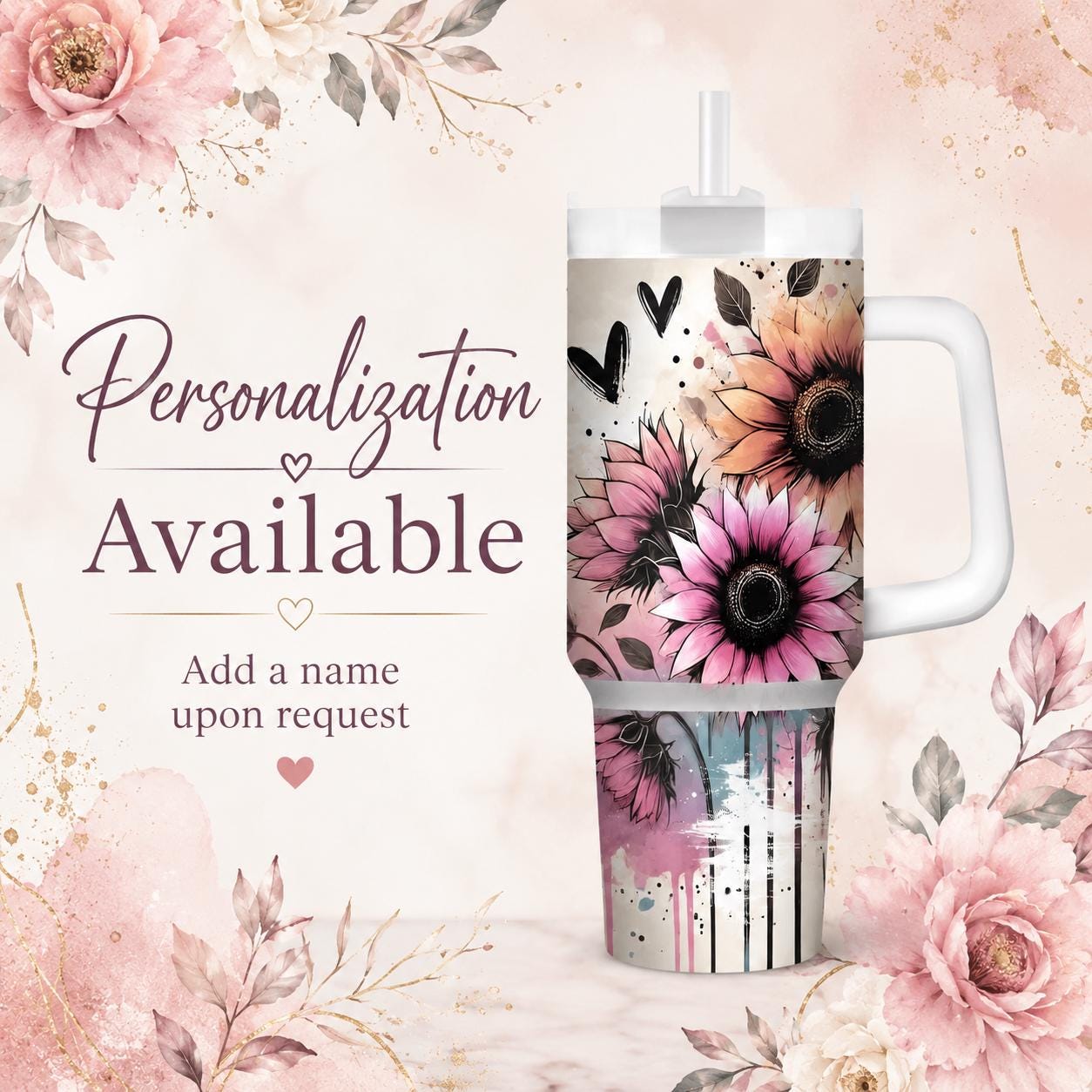 Let Them Sunflower Tumbler, Inspirational Floral Cup, Personalized Positive Gift, 20 oz, 30 oz or 40 oz Travel Mug