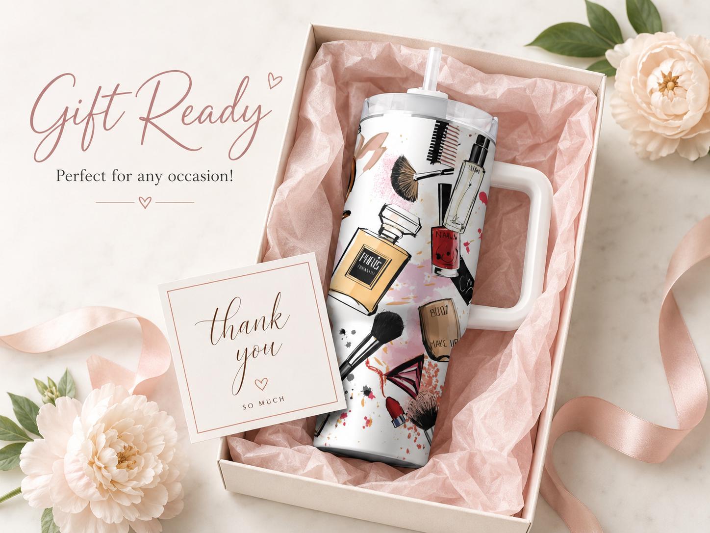 Makeup & Perfume Tumbler, Fashion Beauty Cup, Personalized Cosmetic Lover Gift, 20 oz Skinny, 30 oz Handle, 40 oz Travel Mug