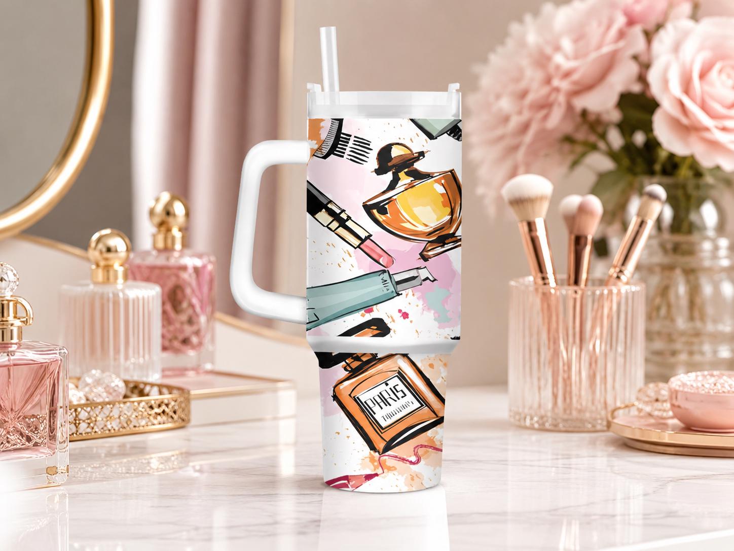 Makeup & Perfume Tumbler, Fashion Beauty Cup, Personalized Cosmetic Lover Gift, 20 oz Skinny, 30 oz Handle, 40 oz Travel Mug