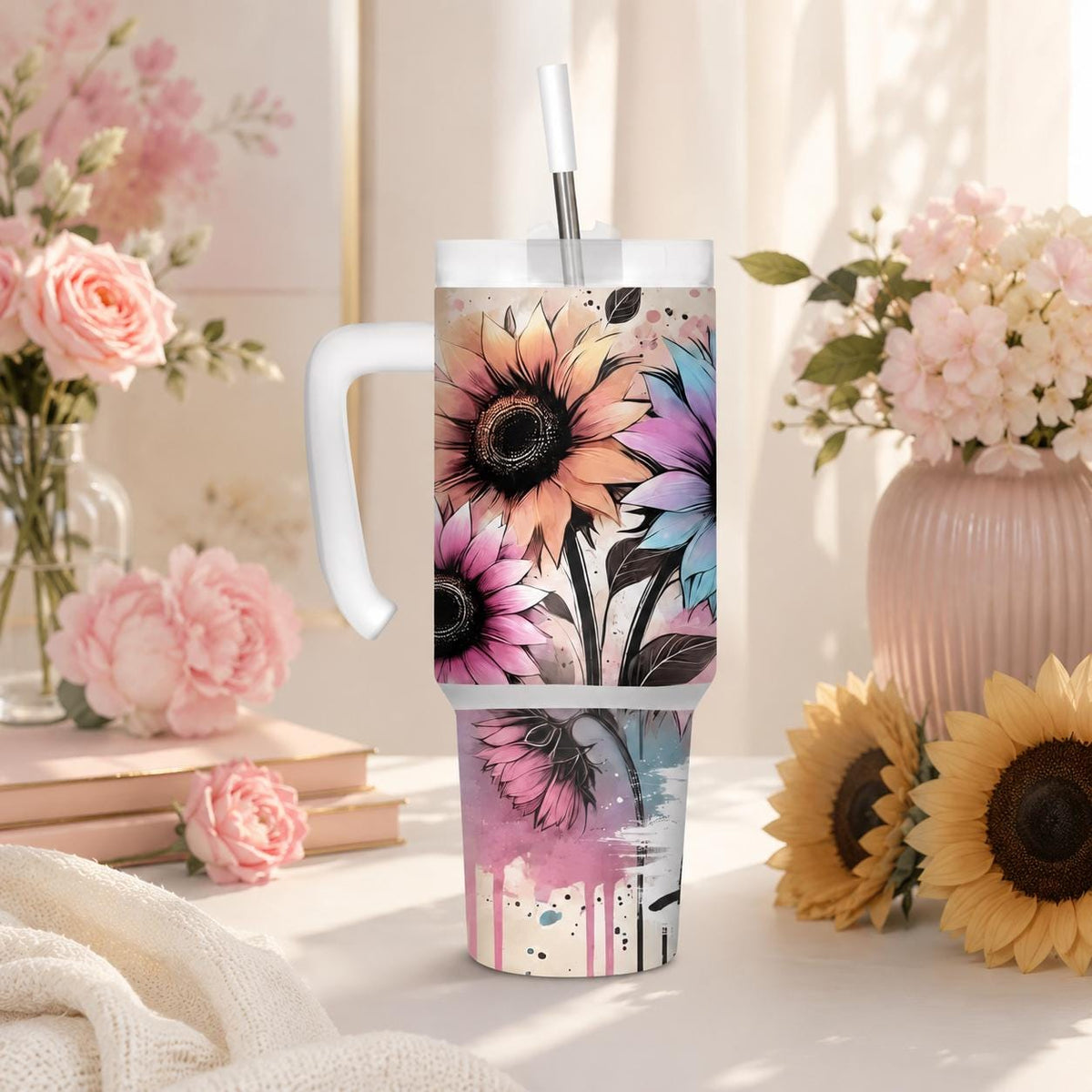 Let Them Sunflower Tumbler, Inspirational Floral Cup, Personalized Positive Gift, 20 oz, 30 oz or 40 oz Travel Mug