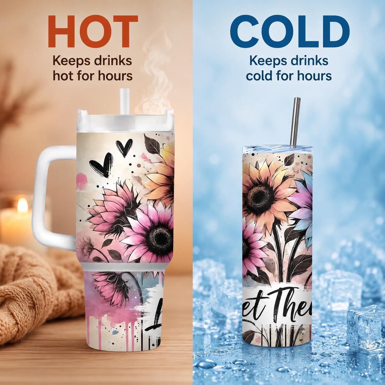 Let Them Sunflower Tumbler, Inspirational Floral Cup, Personalized Positive Gift, 20 oz, 30 oz or 40 oz Travel Mug