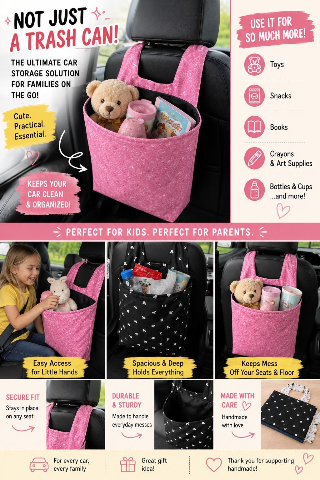 Car Trash Bag for Headrest | Hanging Car Organizer | Reusable Auto Garbage Bin | Kids Toy Storage | Handmade Car Accessory