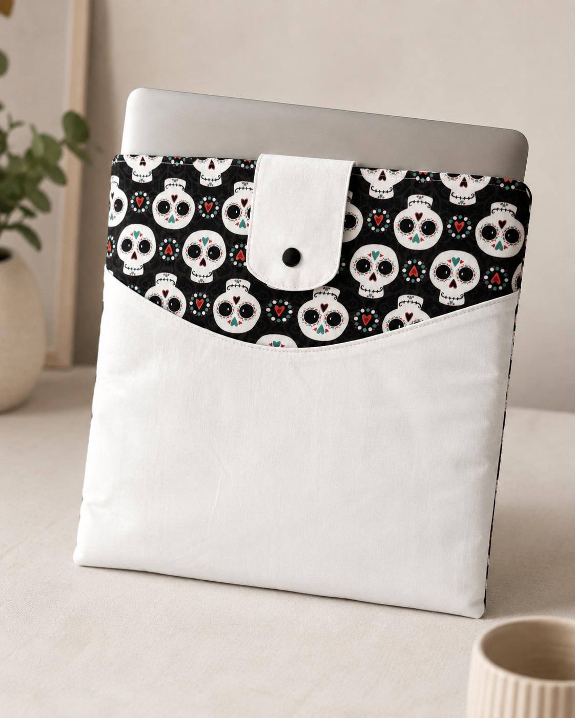 Sugar Skull Laptop Sleeve, Padded Fabric Laptop Case with Pocket & Snap Closure